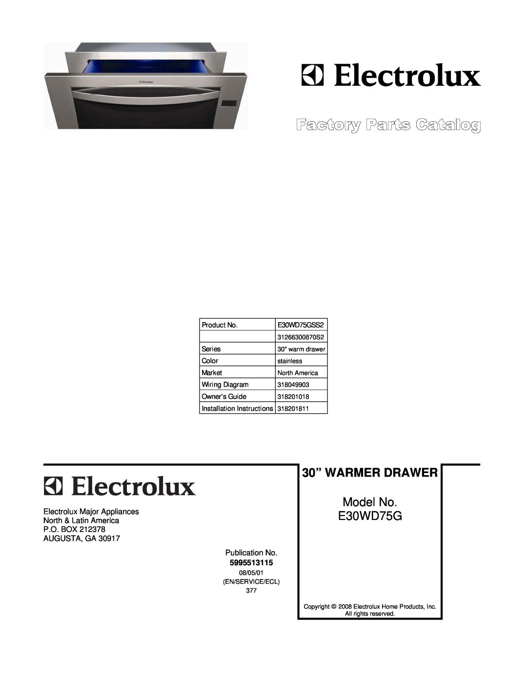 Electrolux E30WD75GSS2, 31266300870S2 installation instructions 30” WARMER DRAWER, Model No E30WD75G 