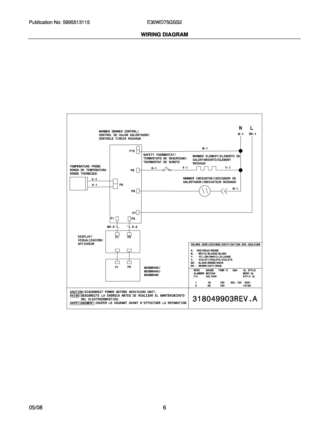Electrolux 31266300870S2 installation instructions Wiring Diagram, 05/08, E30WD75GSS2 