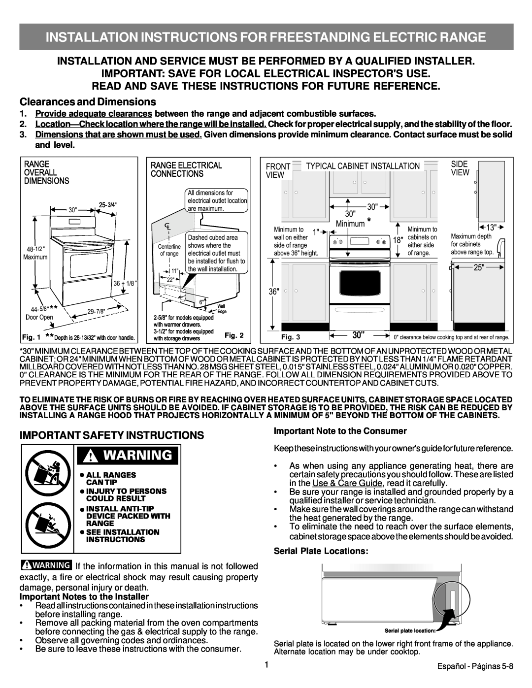 Electrolux 316454909 Installation Instructions For Freestanding Electric Range, Important Notes to the Installer 