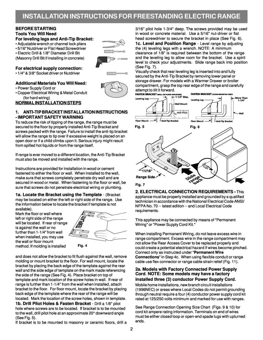 Electrolux 316454909 installation instructions BEFORE STARTING Tools You Will Need, For leveling legs and Anti-Tip Bracket 