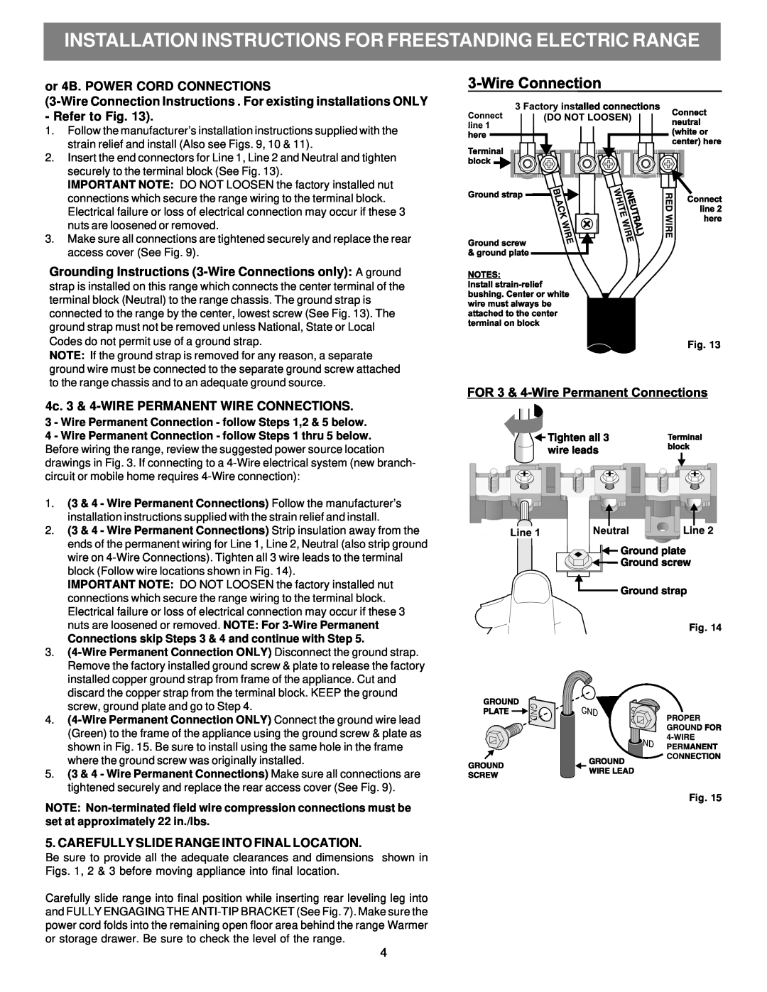 Electrolux 316454909 installation instructions or 4B. POWER CORD CONNECTIONS, 4c. 3 & 4-WIRE PERMANENT WIRE CONNECTIONS 