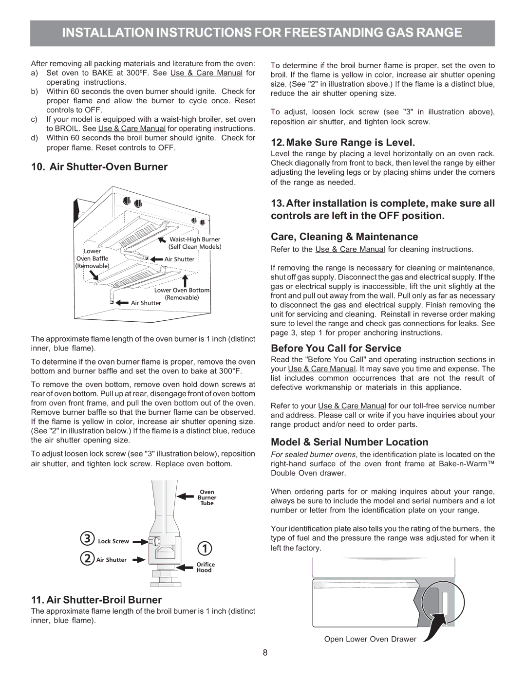 Electrolux 316469104 Air Shutter-Oven Burner, Make Sure Range is Level, Before You Call for Service 