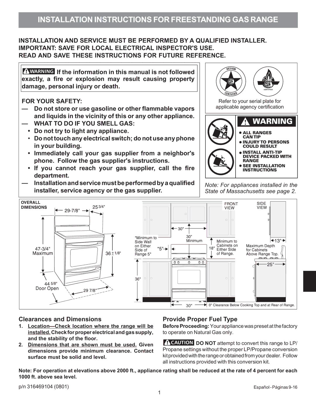 Electrolux 316469104 installation instructions Clearances and Dimensions, Provide Proper Fuel Type 