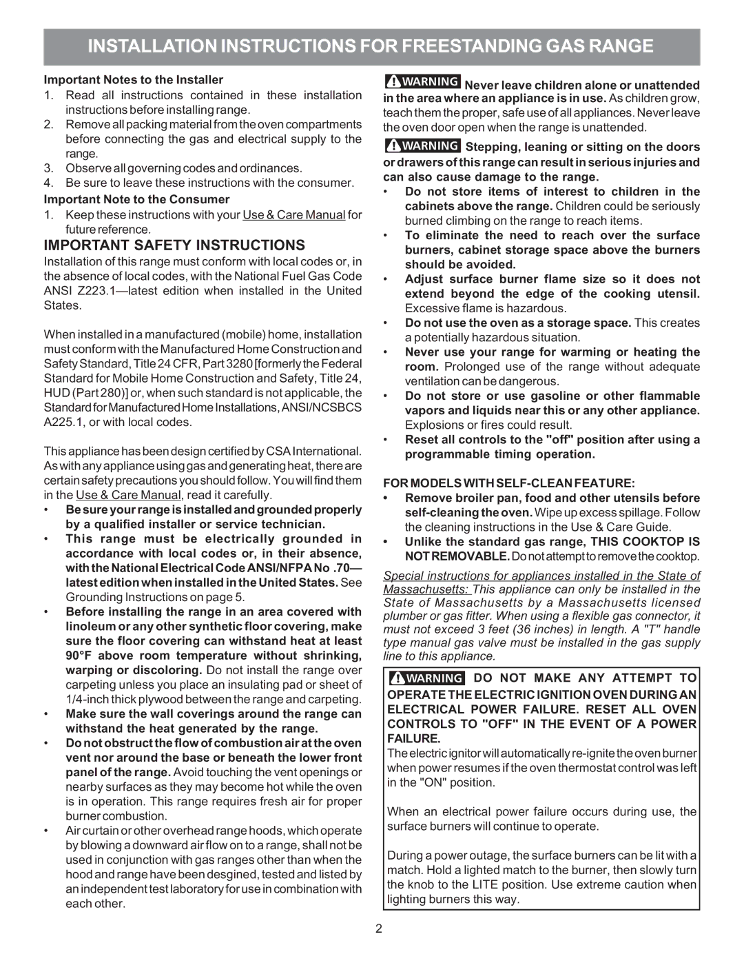 Electrolux 316469104 installation instructions Important Notes to the Installer, For Models with SELF-CLEAN Feature 