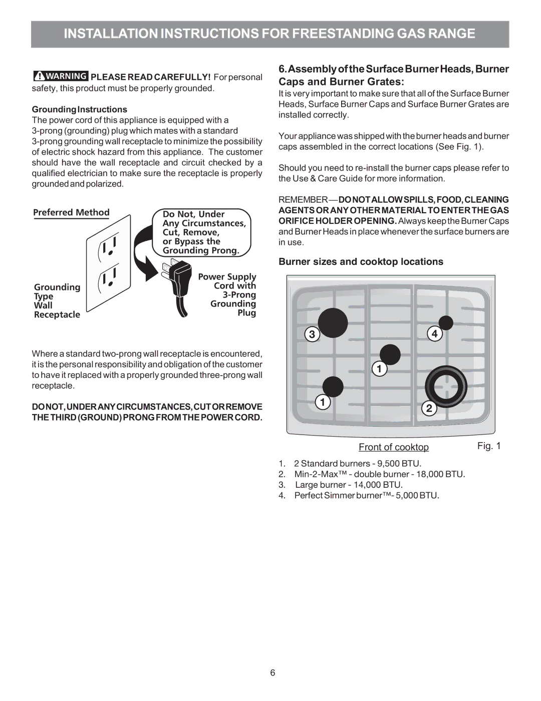 Electrolux 316469104 Burner sizes and cooktop locations, Remember do not Allow SPILLS, FOOD, Cleaning 