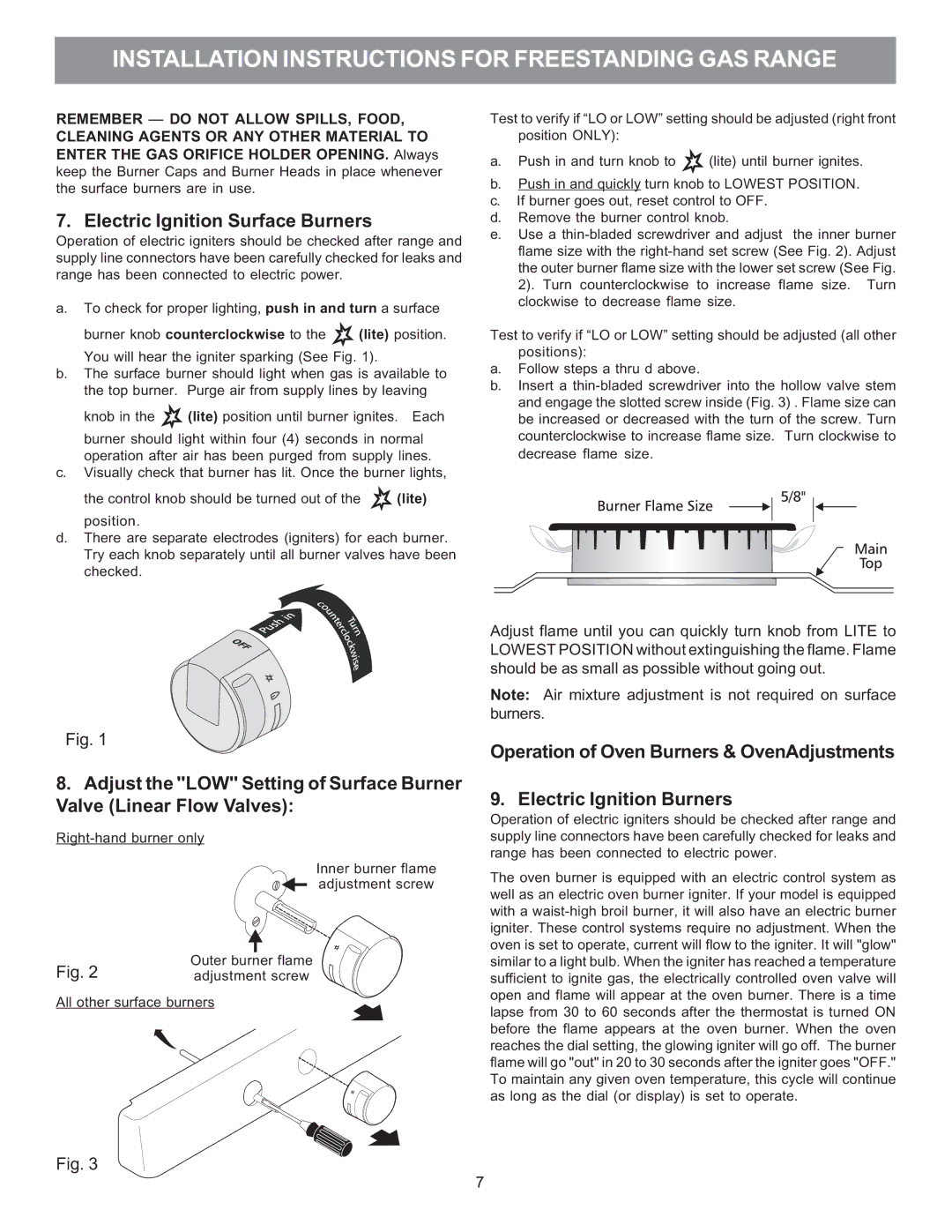 Electrolux 316469104 installation instructions Electric Ignition Surface Burners, Remember do not Allow SPILLS, Food 