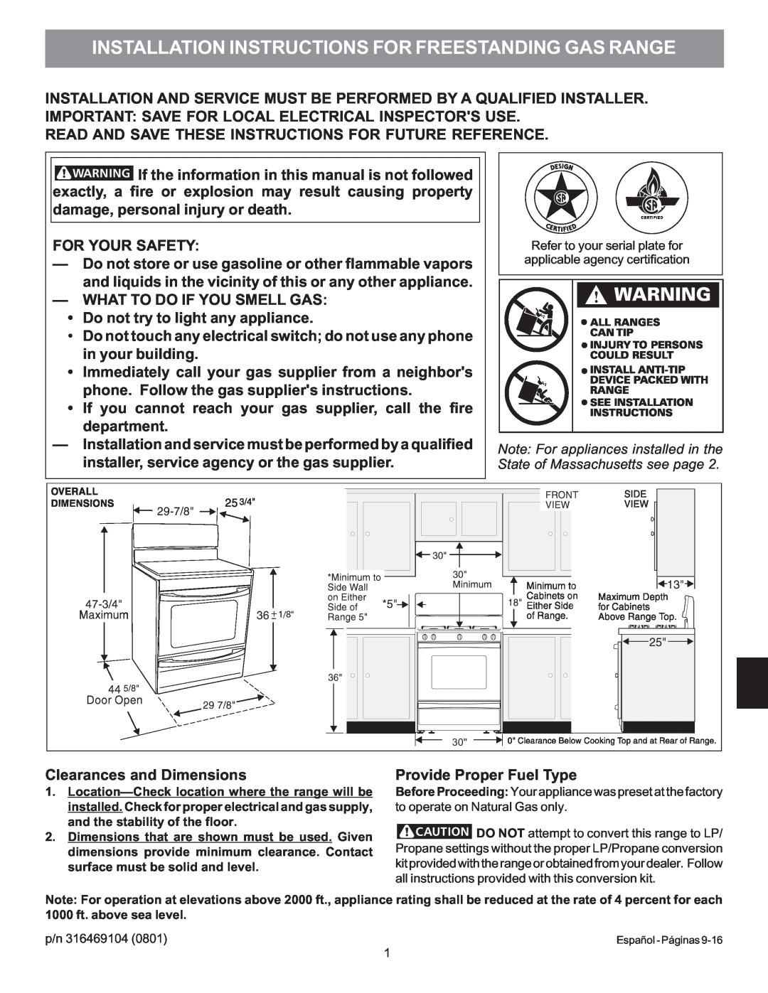 Electrolux 316469104 Installation Instructions For Freestanding Gas Range, For Your Safety, Clearances and Dimensions 