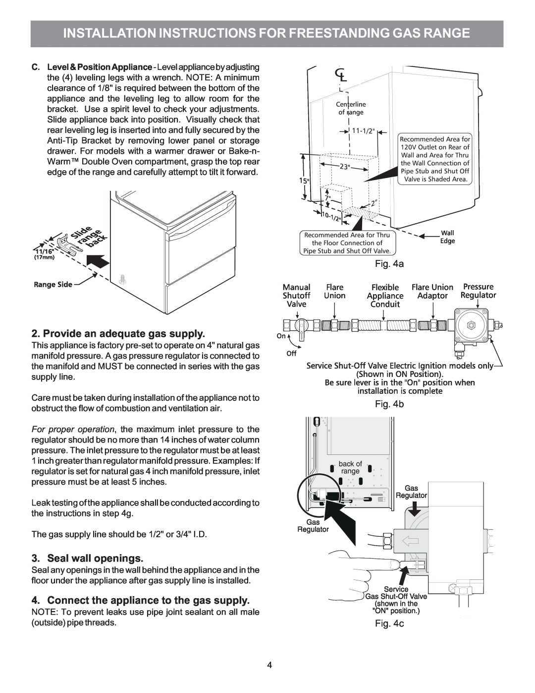 Electrolux 316469104 Provide an adequate gas supply, Seal wall openings, Connect the appliance to the gas supply, a b c 