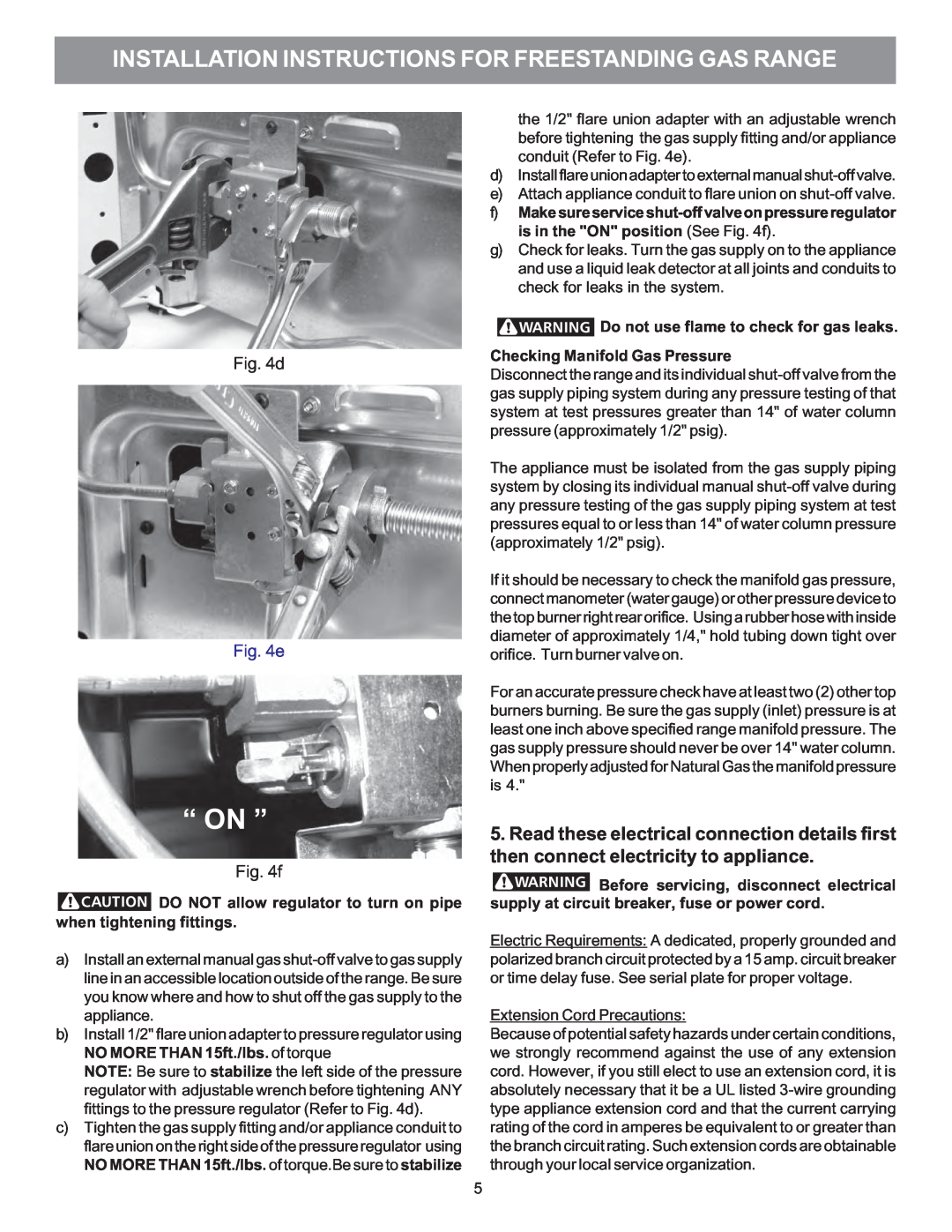 Electrolux 316469104 installation instructions “ On ”, f, Installation Instructions For Freestanding Gas Range 