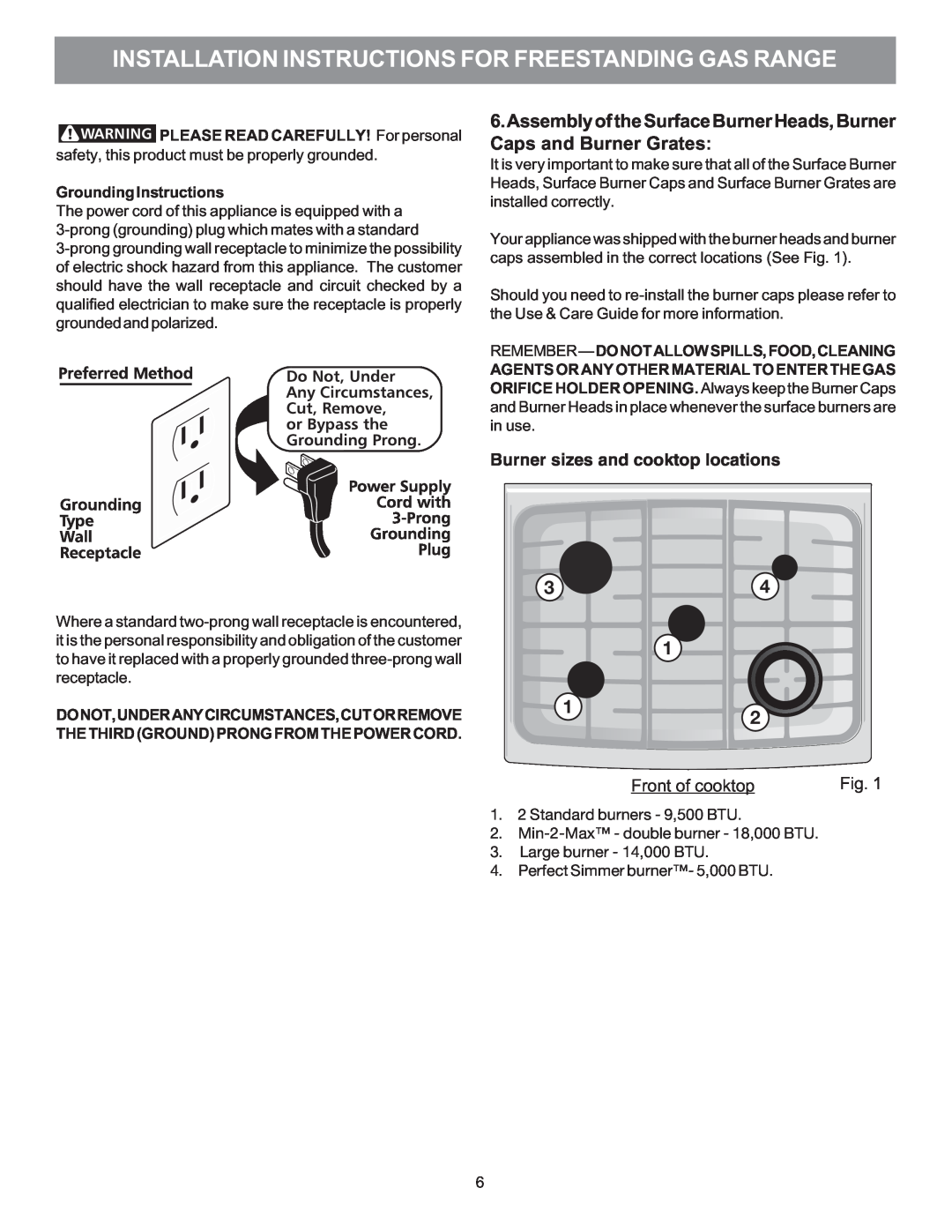 Electrolux 316469104 installation instructions Front of cooktop, Installation Instructions For Freestanding Gas Range 