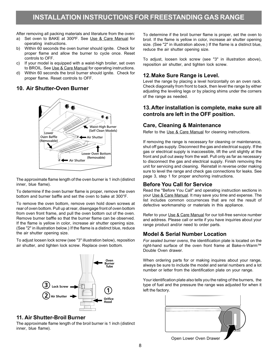 Electrolux 316469105 Air Shutter-Oven Burner, Make Sure Range is Level, Before You Call for Service 