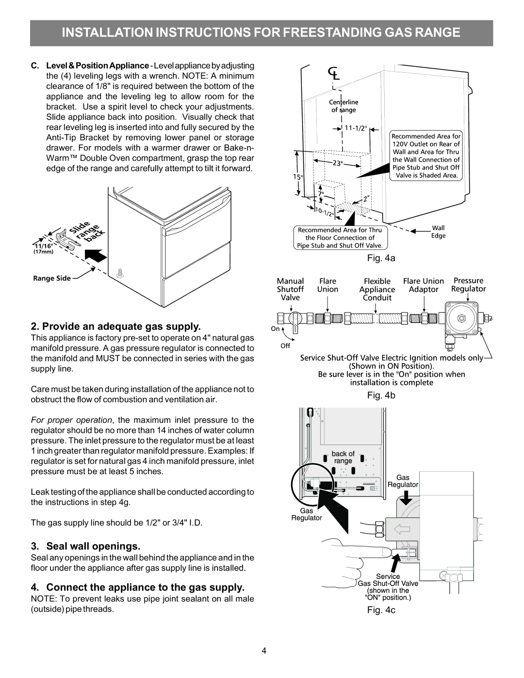 Electrolux 316469105 Provide an adequate gas supply, Seal wall openings, Connect the appliance to the gas supply 