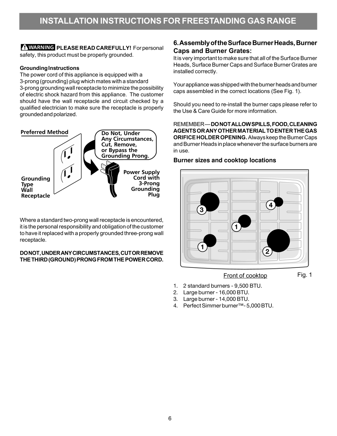 Electrolux 316469105 installation instructions Burner sizes and cooktop locations, Remember-Donotallowspills,Food,Cleaning 