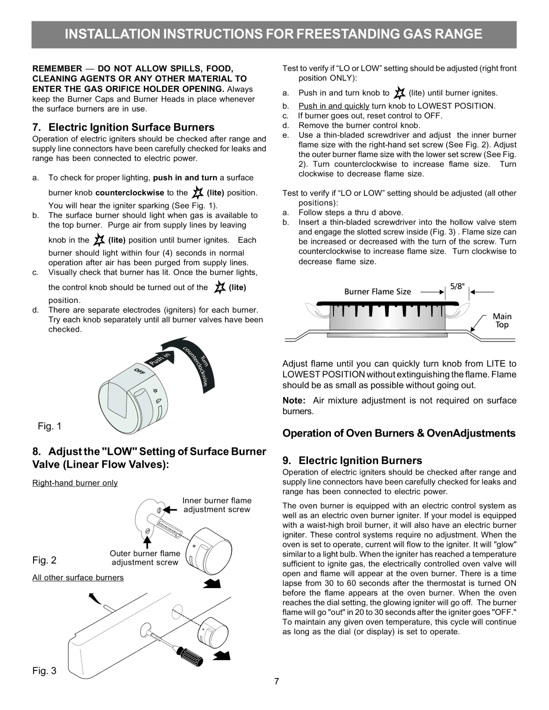 Electrolux 316469105 installation instructions Electric Ignition Surface Burners, Remember do not Allow SPILLS, Food 