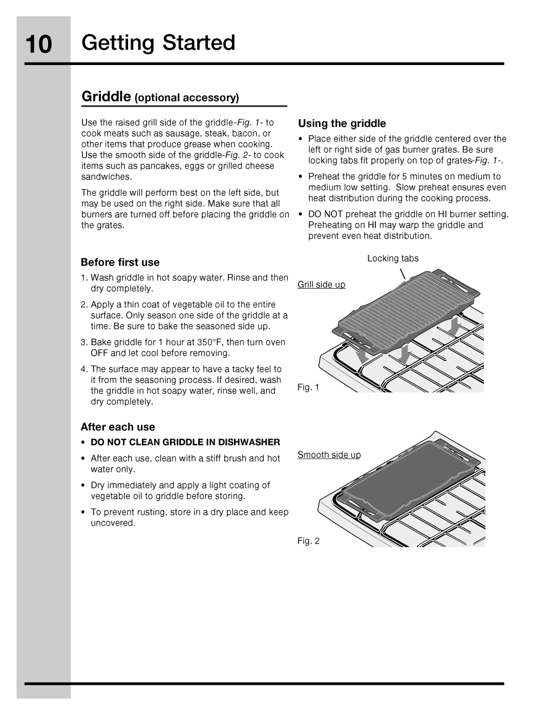 Electrolux 316471110 Getting Started, Griddle optional accessory, Using the griddle, Before first use, After each use 