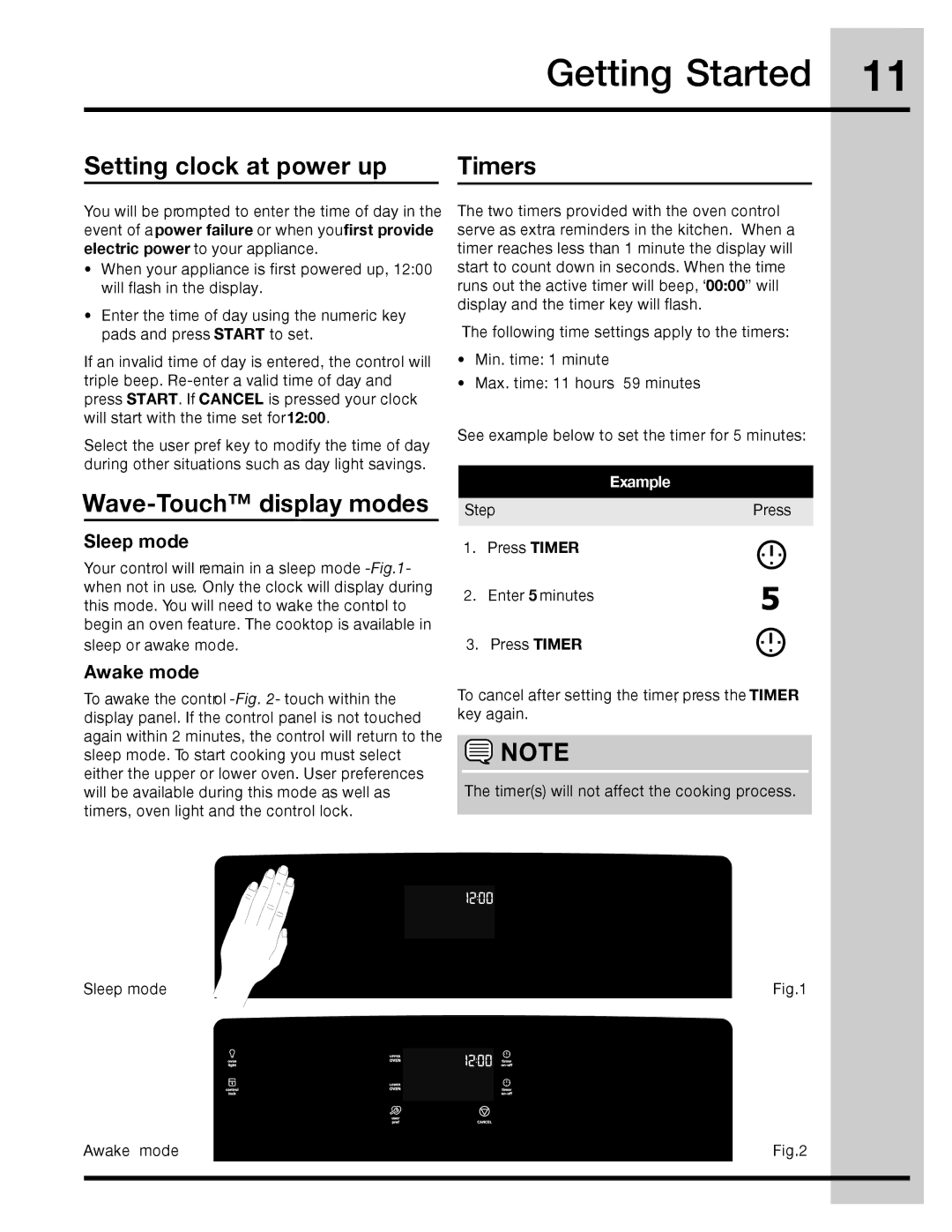 Electrolux 316471110 manual Setting clock at power up Timers, Wave-Touch display modes, Sleep mode, Awake mode, Example 