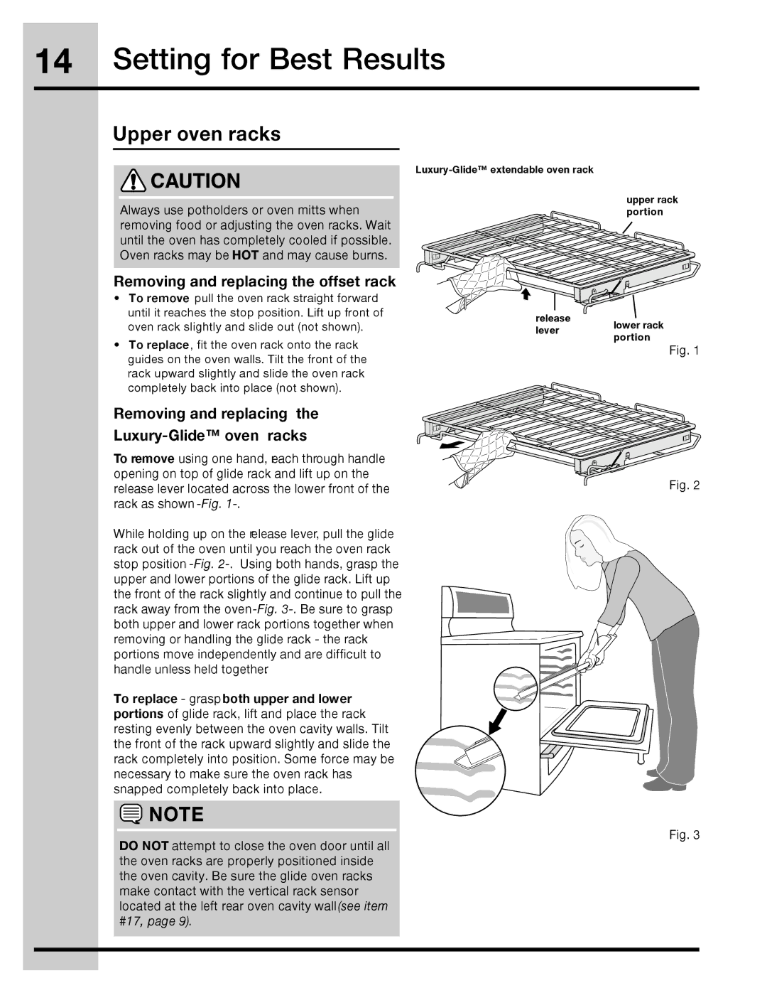 Electrolux 316471110 manual Removing and replacing the offset rack, Removing and replacing Luxury-Glide oven racks 