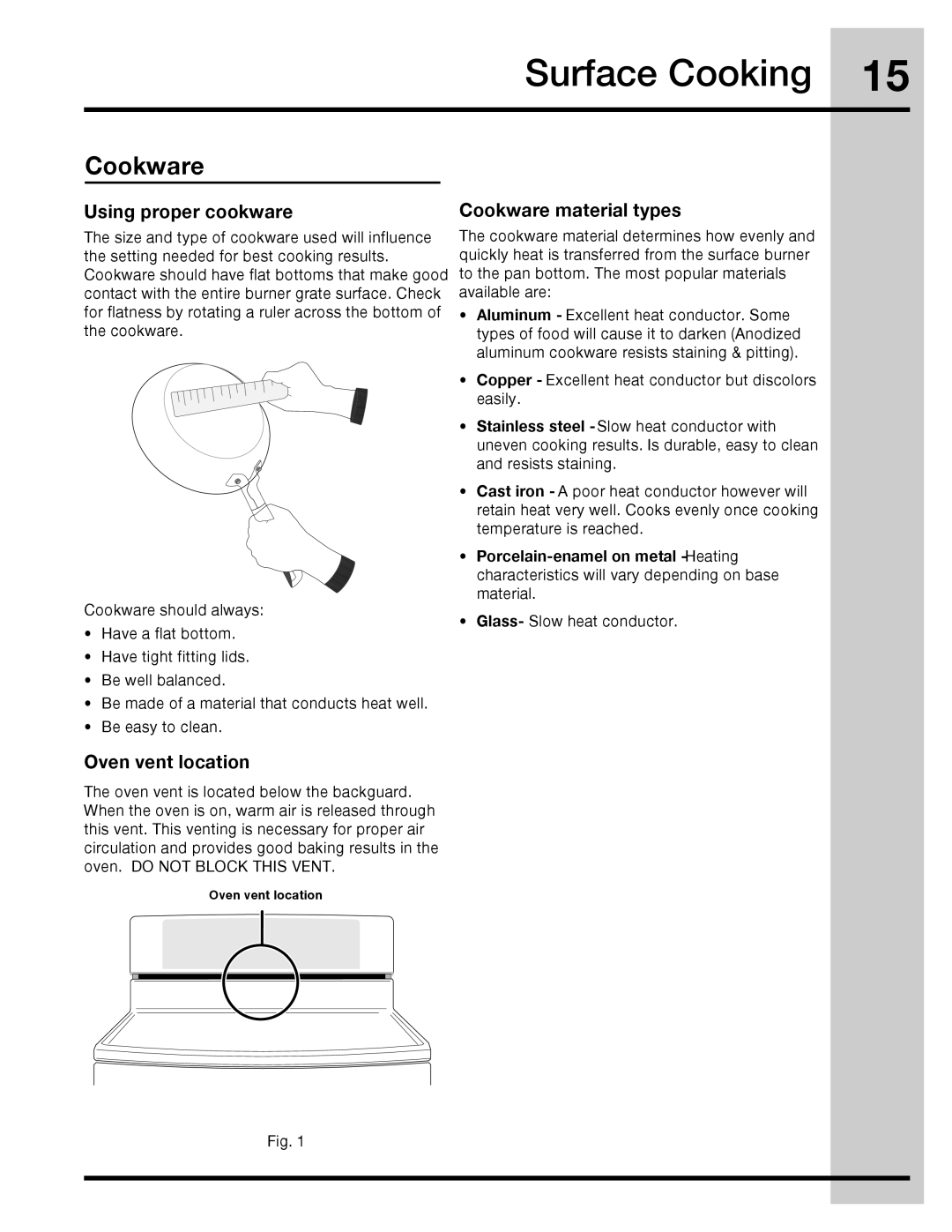 Electrolux 316471110 manual Surface Cooking, Using proper cookware, Oven vent location, Cookware material types 