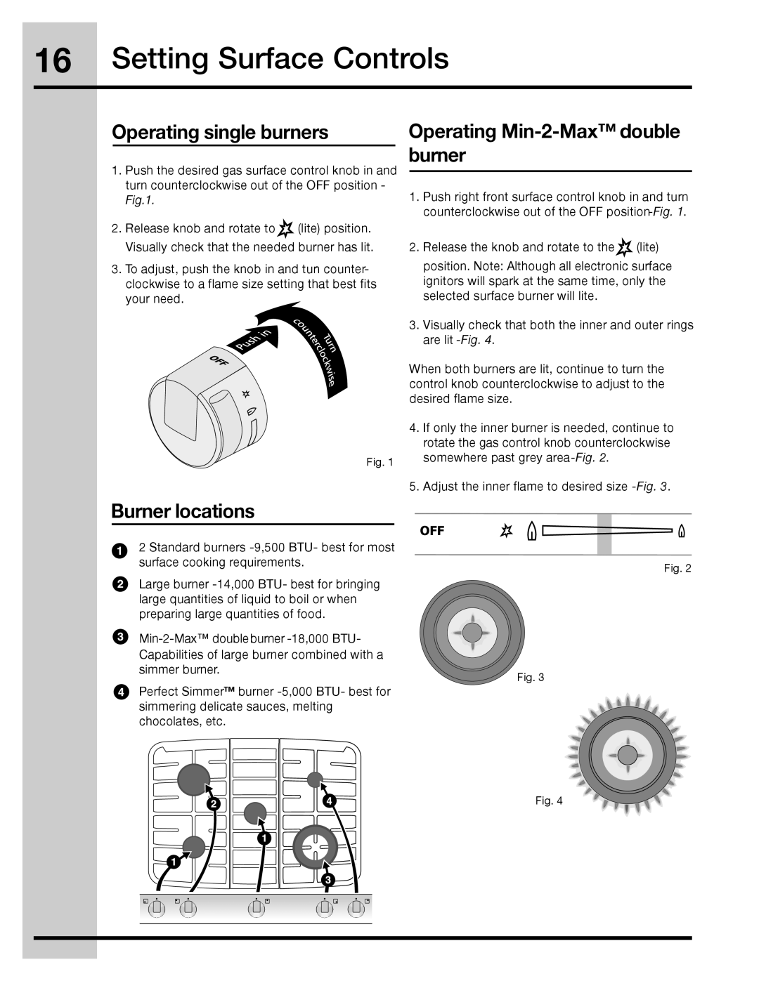 Electrolux 316471110 manual Setting Surface Controls, Operating single burners, Operating Min-2-Max double burner 