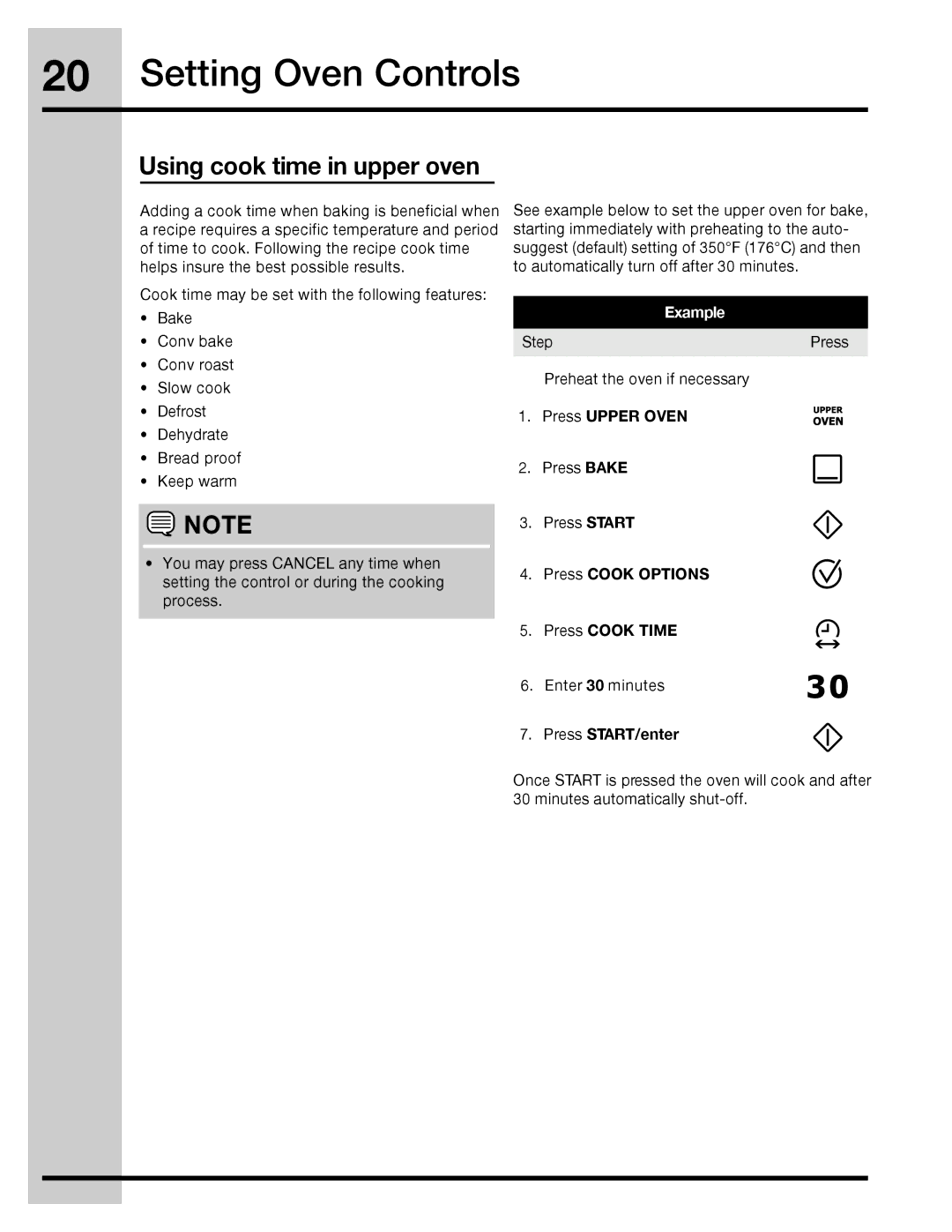 Electrolux 316471110 manual Using cook time in upper oven, Press Cook Options 