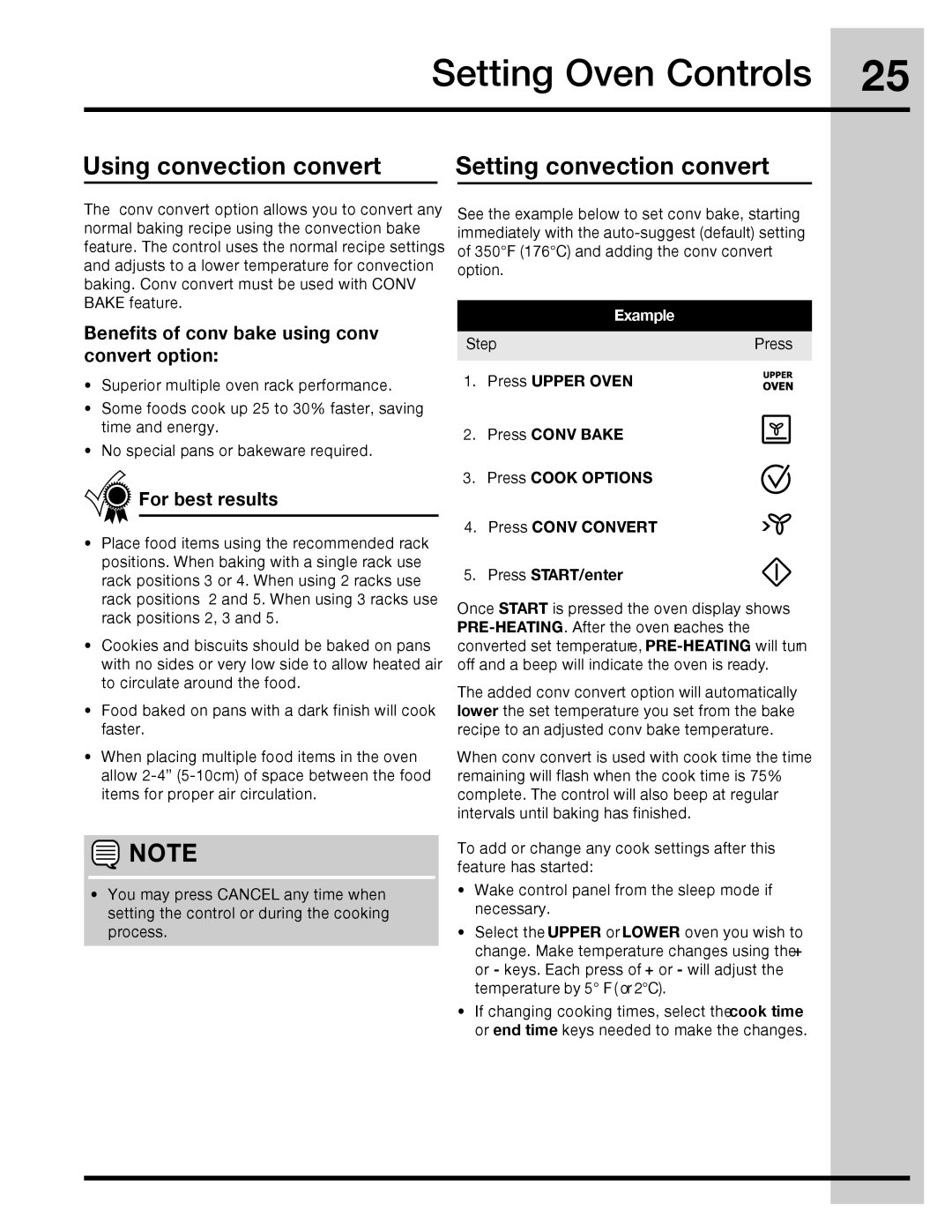 Electrolux 316471110 Using convection convert Setting convection convert, Benefits of conv bake using conv convert option 