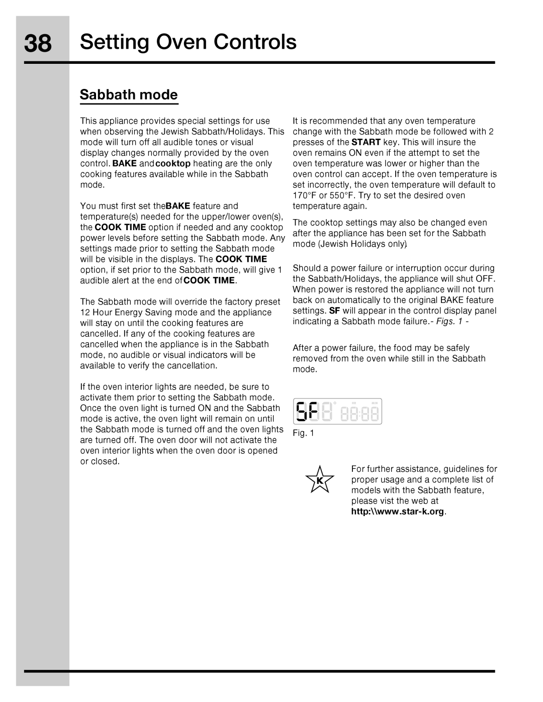 Electrolux 316471110 manual Sabbath mode 