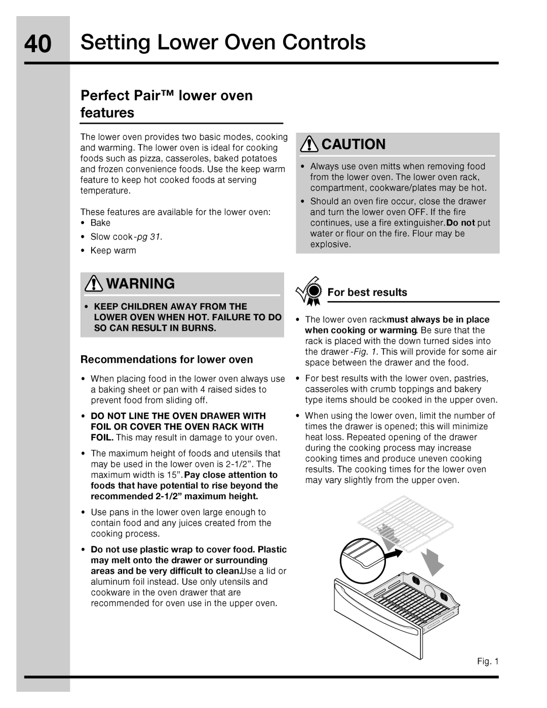 Electrolux 316471110 manual Setting Lower Oven Controls, Perfect Pair lower oven features, Recommendations for lower oven 