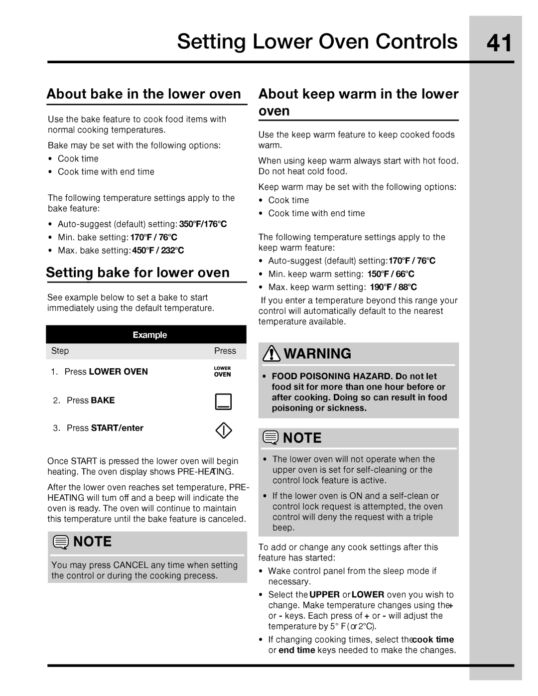 Electrolux 316471110 manual About bake in the lower oven, Setting bake for lower oven, About keep warm in the lower oven 