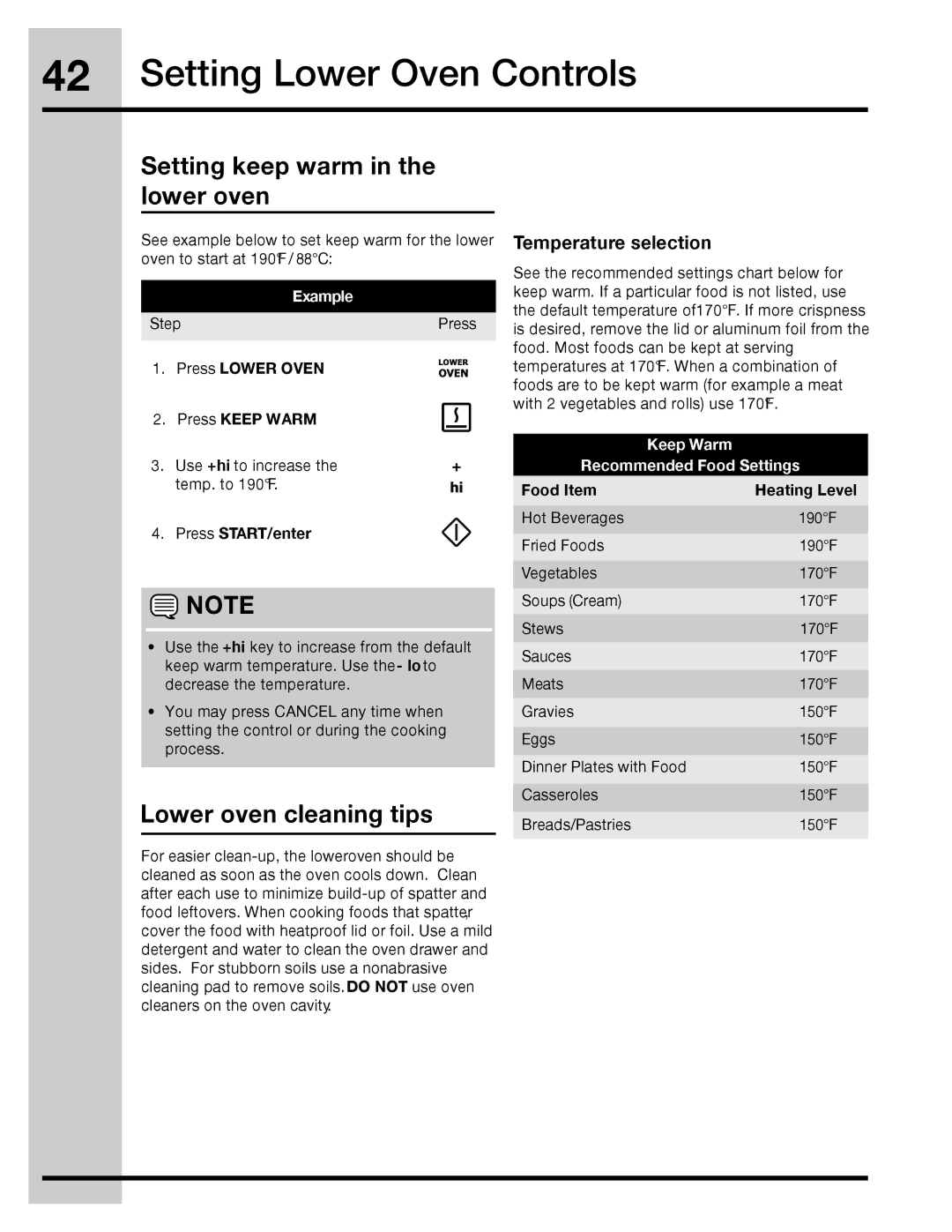 Electrolux 316471110 manual Setting keep warm in the lower oven, Lower oven cleaning tips, Temperature selection 