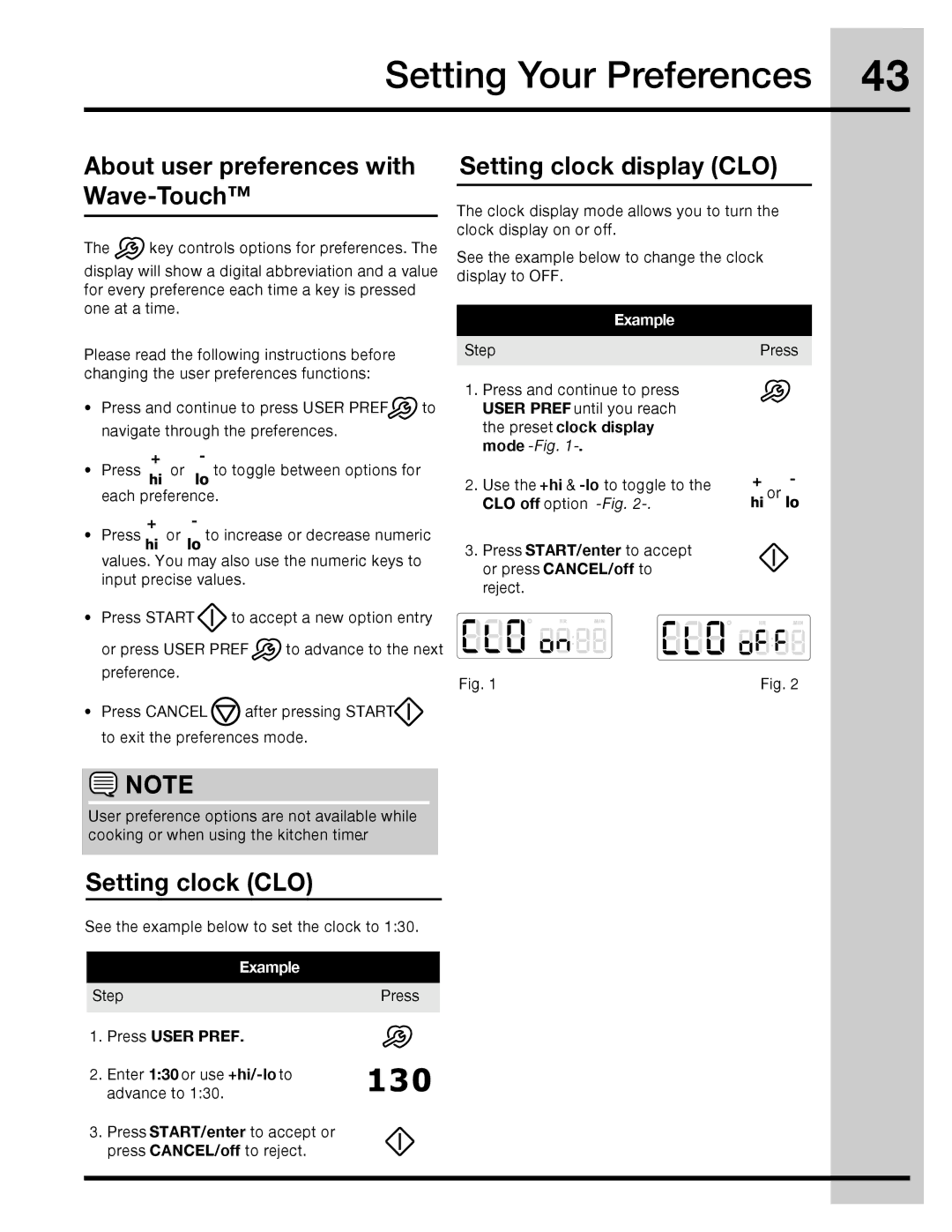 Electrolux 316471110 manual Setting Your Preferences, About user preferences with Wave-Touch, Setting clock display CLO 