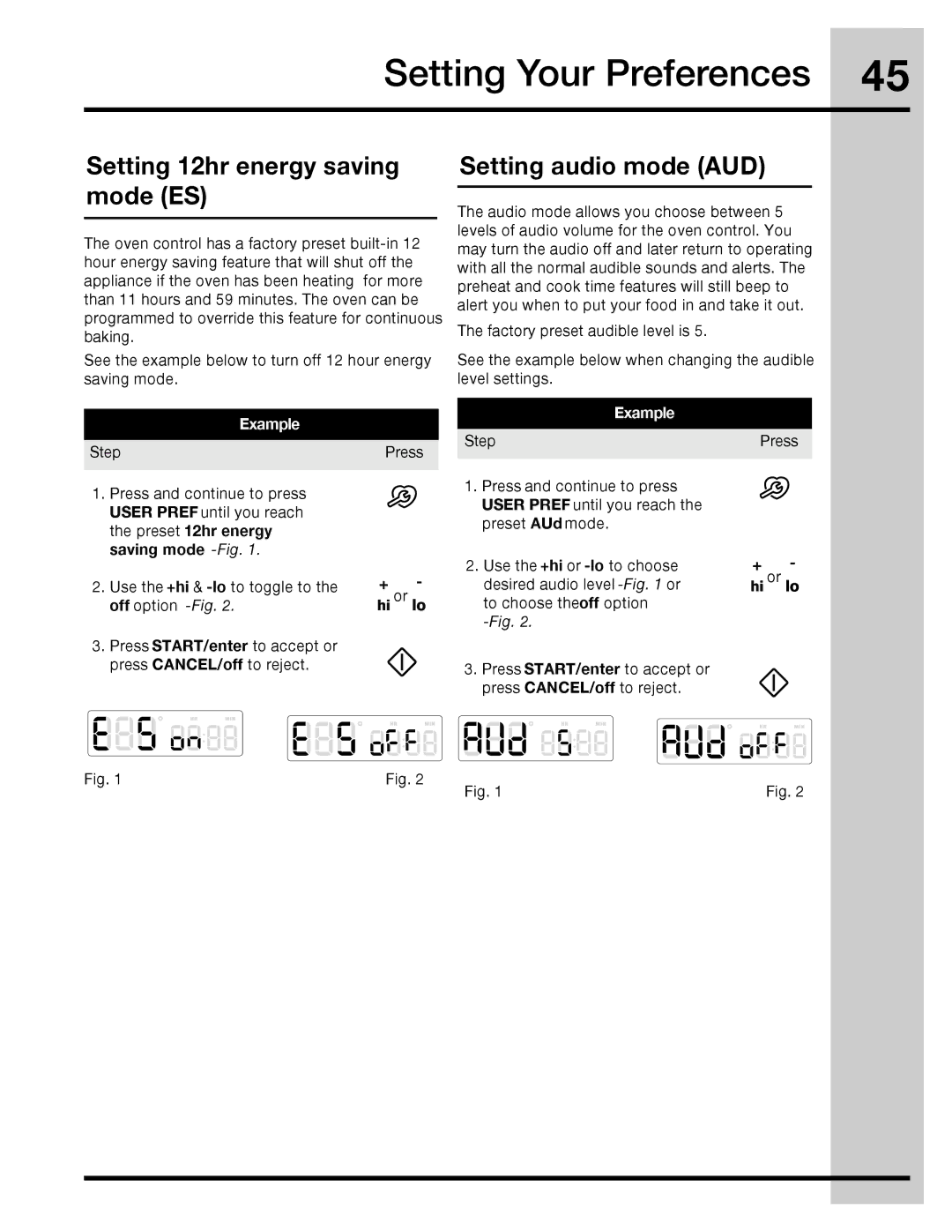 Electrolux 316471110 manual Setting 12hr energy saving mode ES, Setting audio mode AUD 