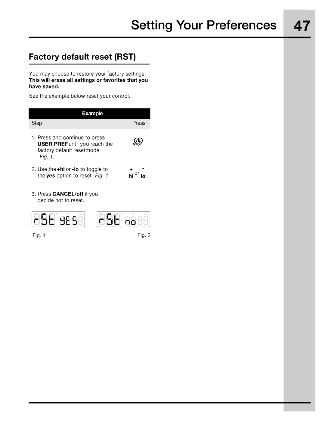 Electrolux 316471110 manual Factory default reset RST 