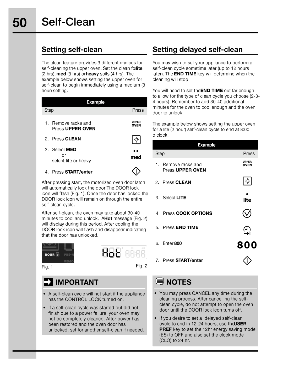 Electrolux 316471110 manual Setting self-clean Setting delayed self-clean, Example 