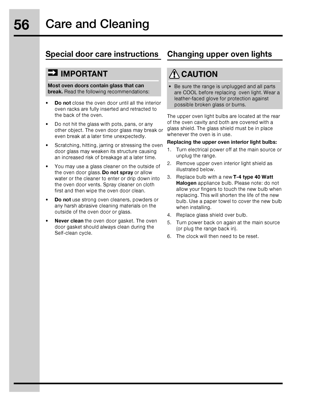 Electrolux 316471110 manual Special door care instructions, Changing upper oven lights 