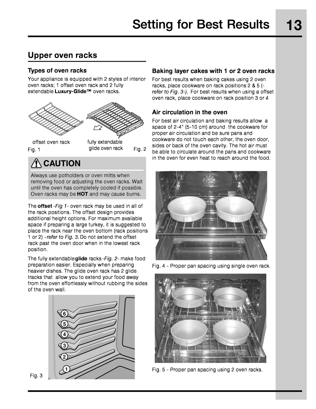 Electrolux 316471110 manual Setting for Best Results, Upper oven racks, Types of oven racks, Air circulation in the oven 
