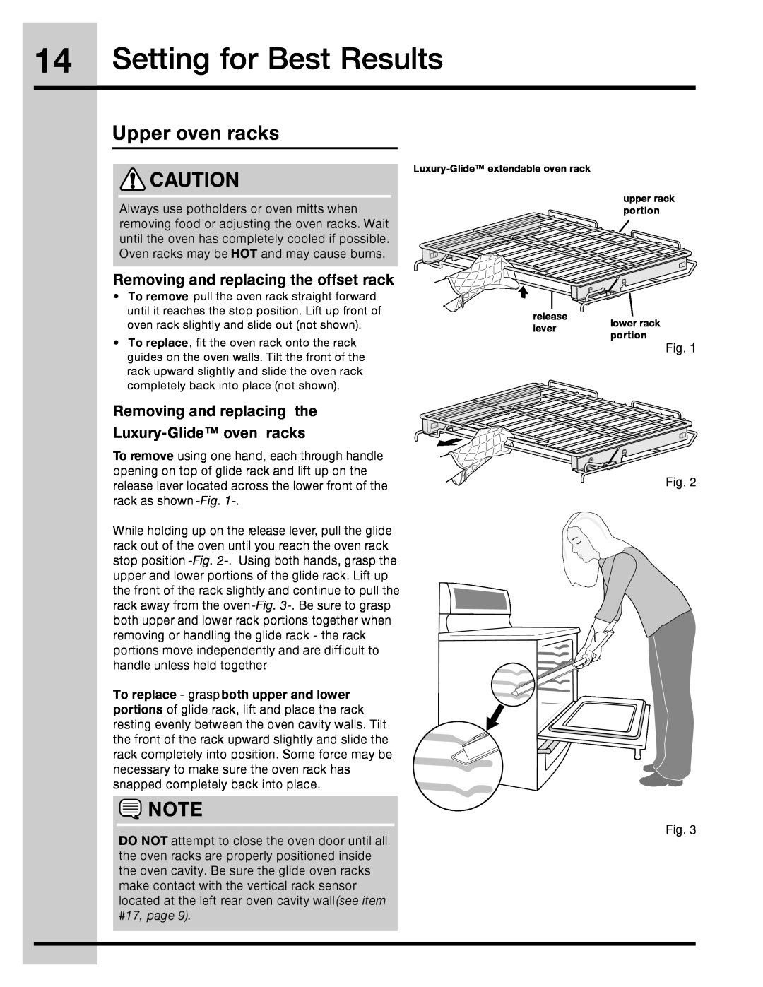 Electrolux 316471110 manual Setting for Best Results, Removing and replacing the offset rack, Upper oven racks 