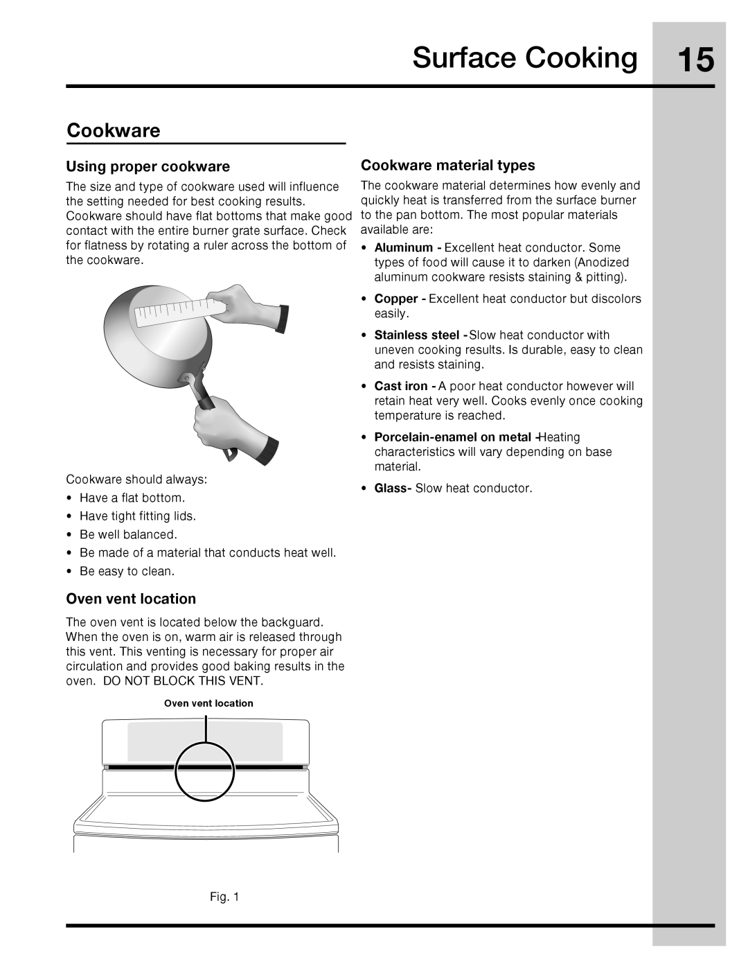 Electrolux 316471110 manual Surface Cooking, Using proper cookware, Oven vent location, Cookware material types 