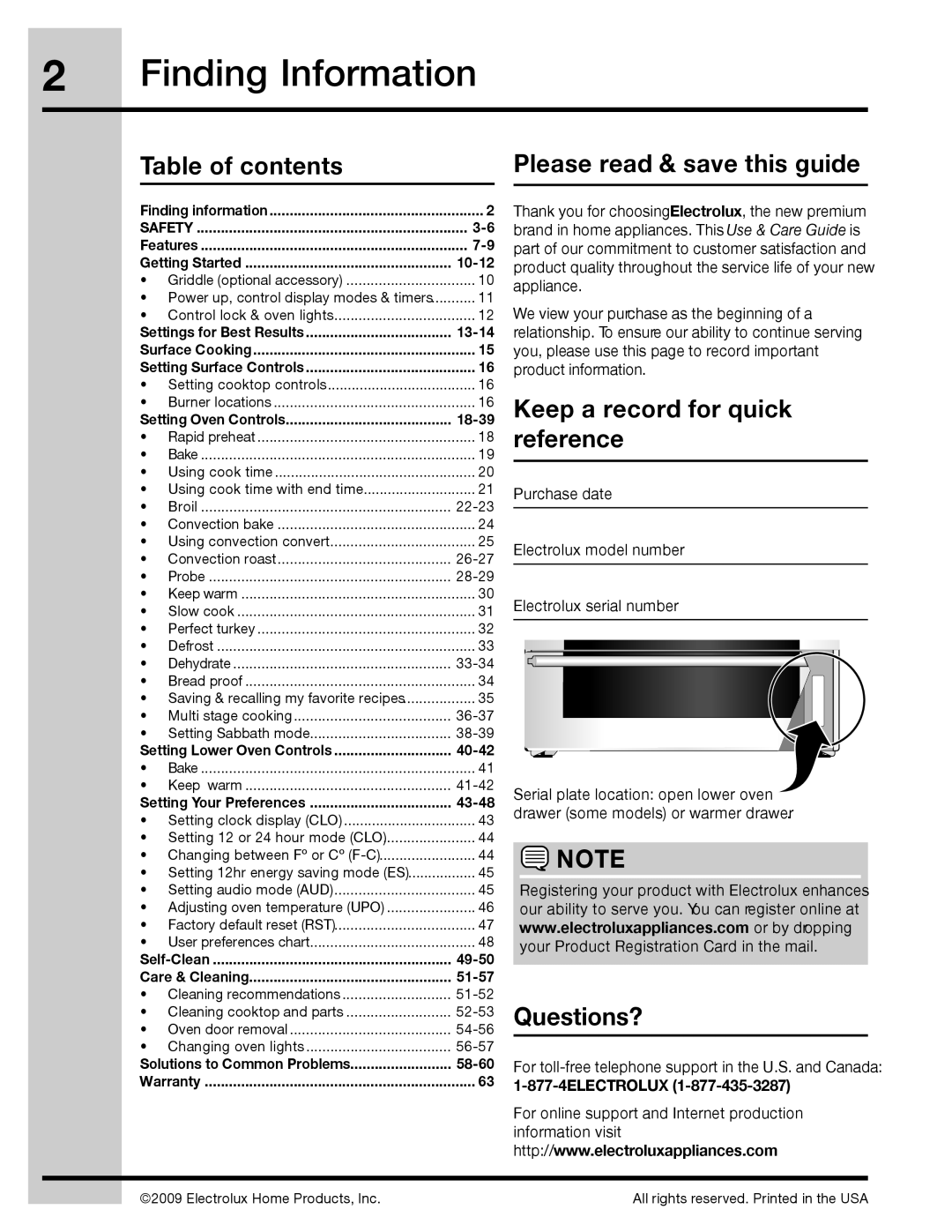 Electrolux 316471110 Finding Information, Table of contents, Please read & save this guide, Questions?, 1-877-4ELECTROLUX 