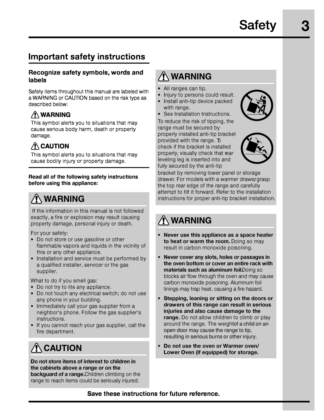 Electrolux 316471110 manual Safety, Important safety instructions, Recognize safety symbols, words and labels 