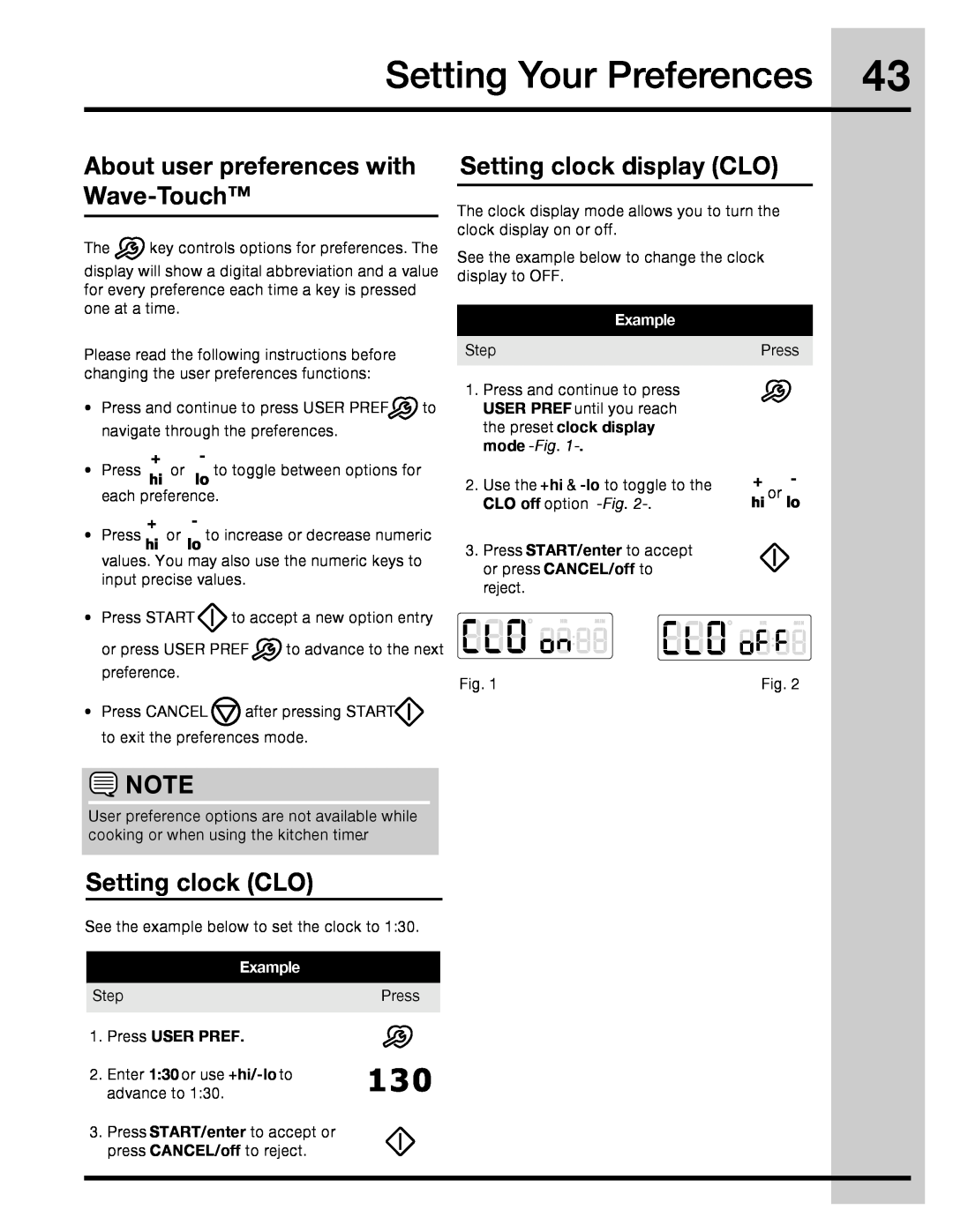 Electrolux 316471110 Setting Your Preferences, About user preferences with Wave-Touch, Setting clock display CLO, Example 