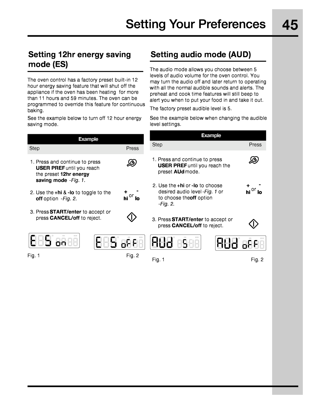Electrolux 316471110 Setting 12hr energy saving mode ES, Setting audio mode AUD, off option -Fig, Setting Your Preferences 