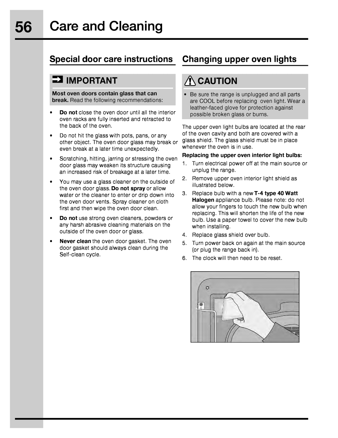 Electrolux 316471110 manual Care and Cleaning, Special door care instructions, Changing upper oven lights 
