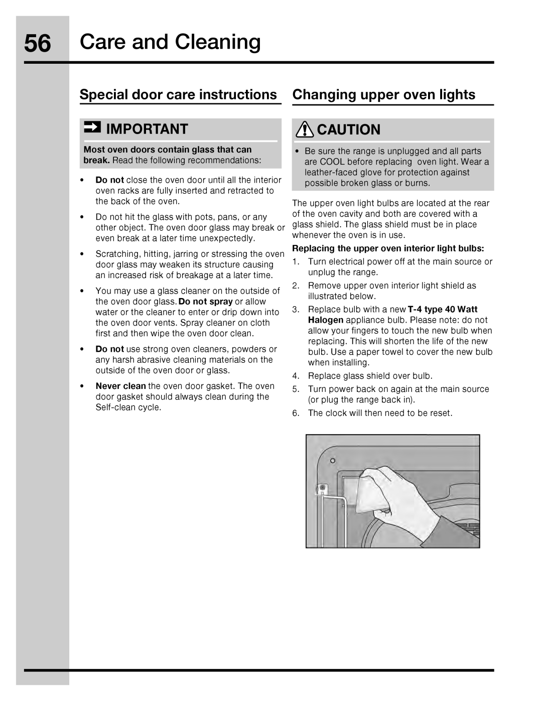 Electrolux 316471113 manual Special door care instructions, Changing upper oven lights 