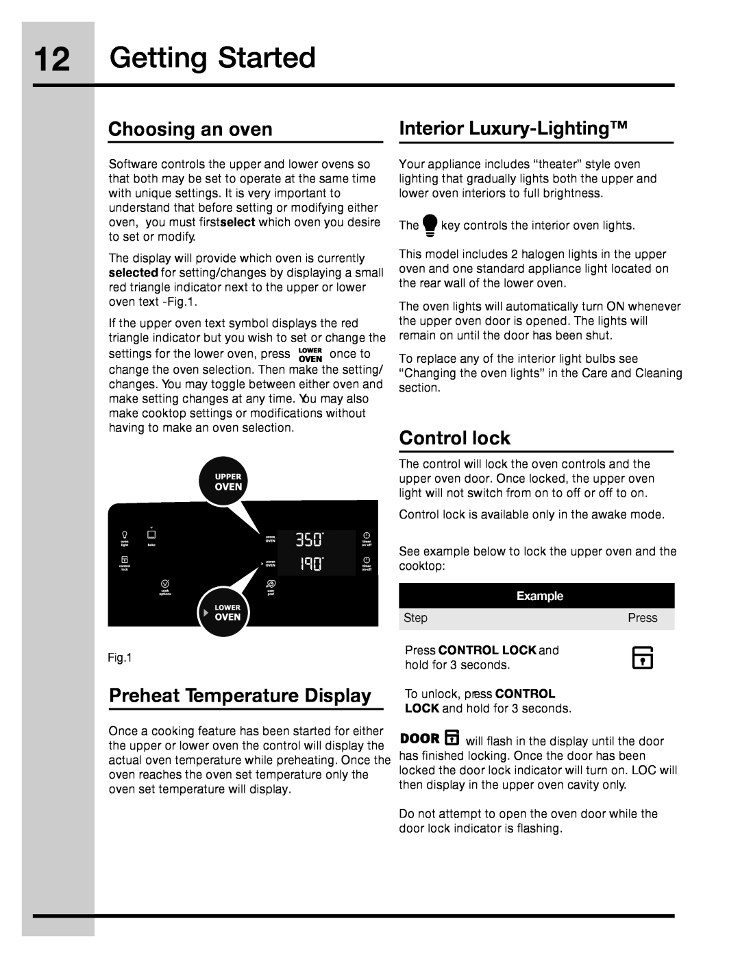 Electrolux 316471113 Getting Started, Choosing an oven, Interior Luxury-Lighting, Control lock, Press CONTROL LOCK and 