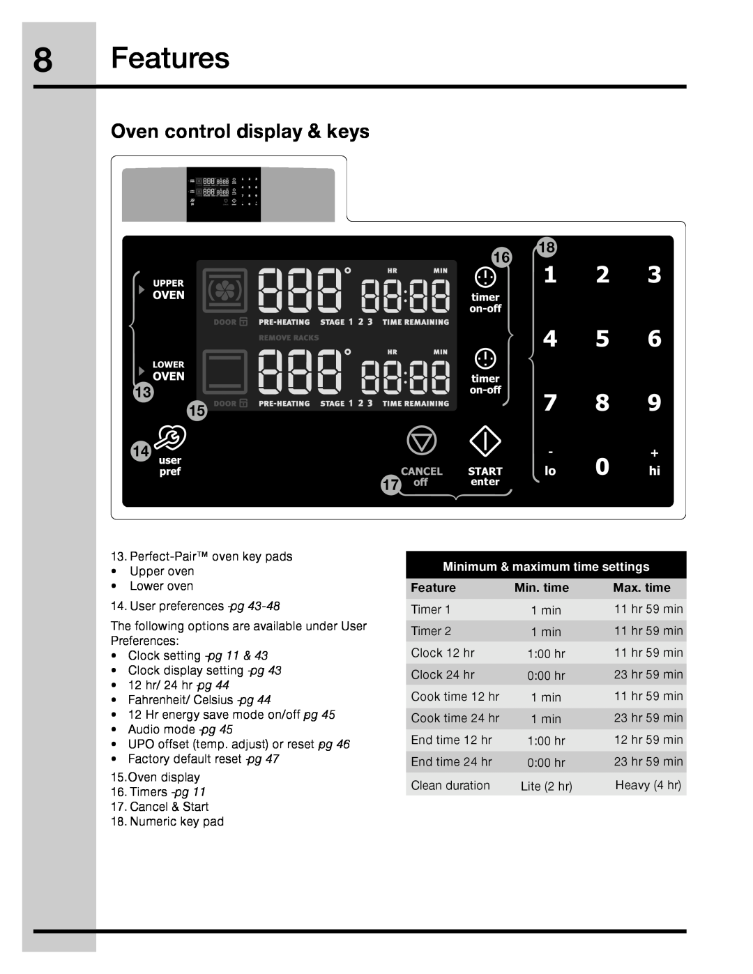 Electrolux 316471113 manual Features, Oven control display & keys, Min. time, Max. time, Minimum & maximum time settings 