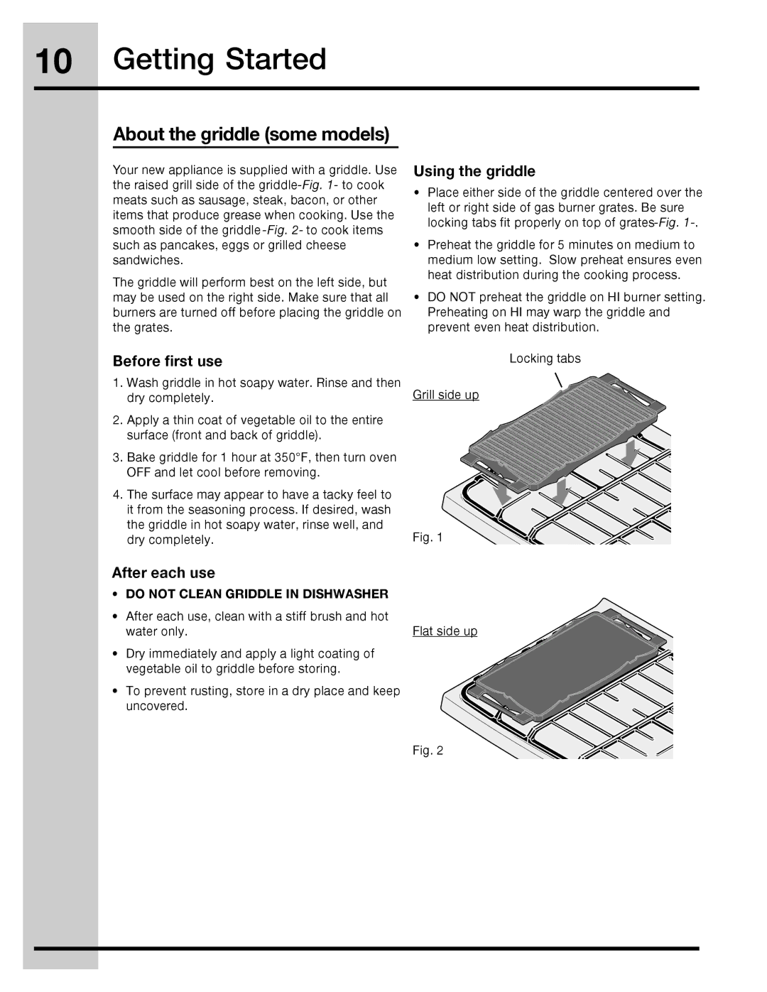 Electrolux 316471400 manual Getting Started, Using the griddle, Before first use, After each use 