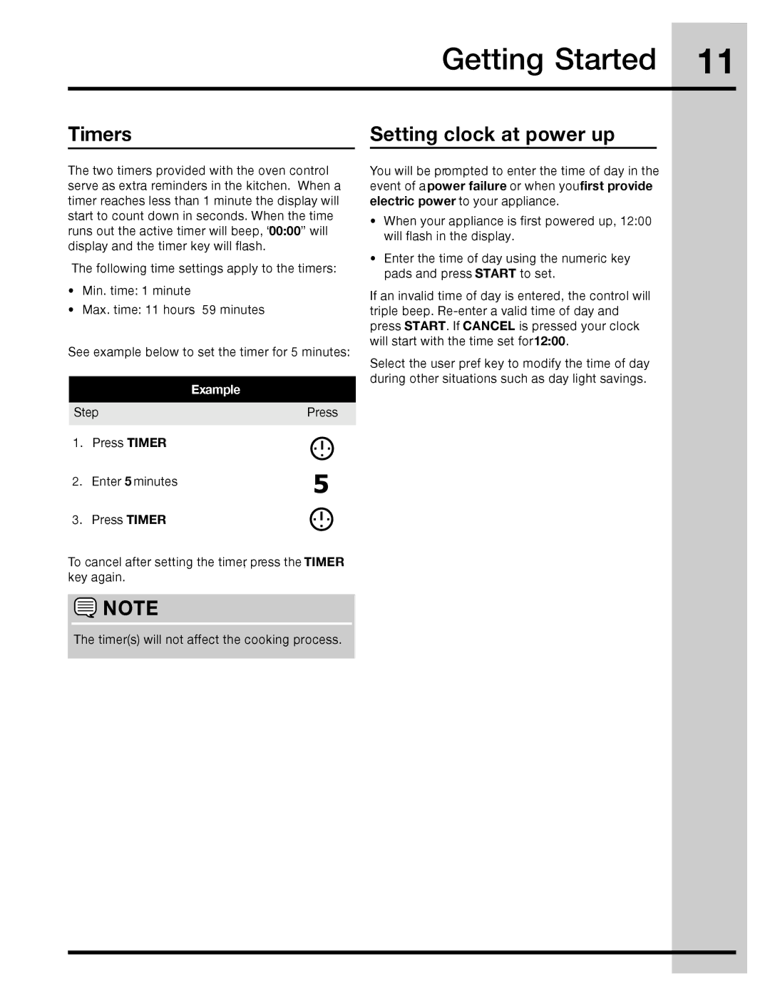 Electrolux 316471400 manual Timers Setting clock at power up, Example 