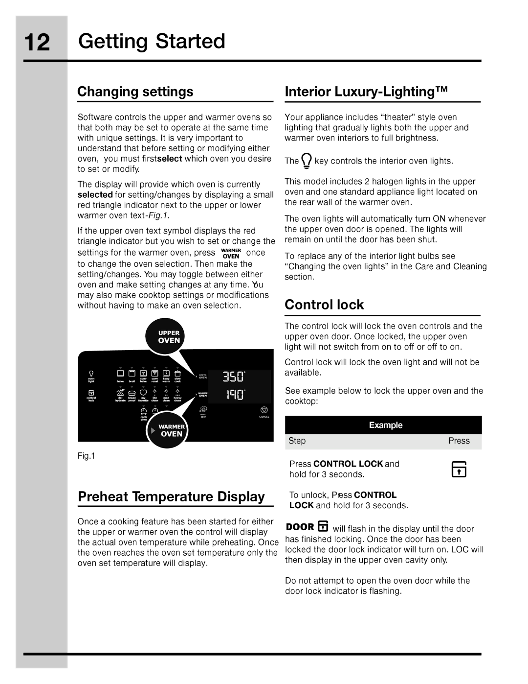 Electrolux 316471400 manual Changing settings Interior Luxury-Lighting, Control lock, Preheat Temperature Display 