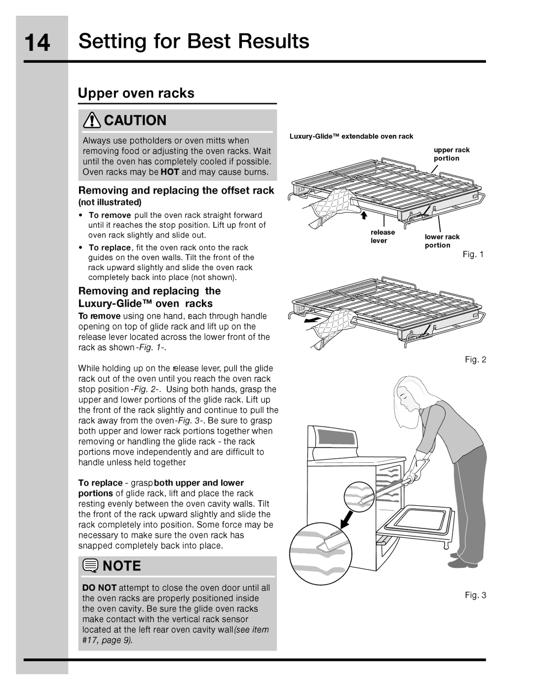 Electrolux 316471400 manual Removing and replacing the offset rack, Removing and replacing Luxury-Glide oven racks 