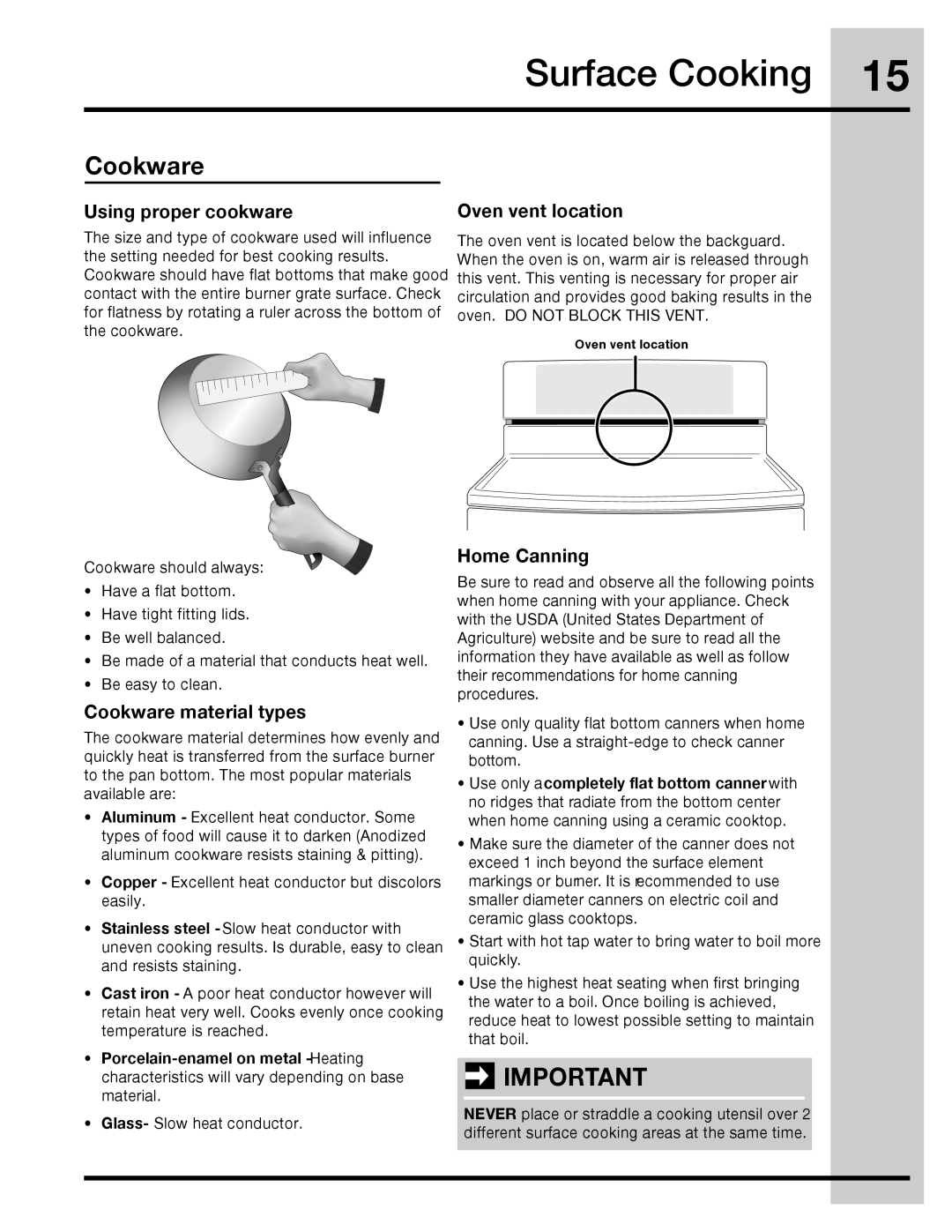 Electrolux 316471400 manual Surface Cooking, Cookware 